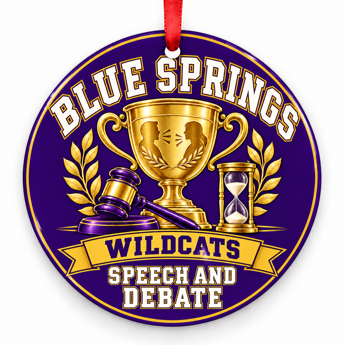 Blue Springs Wildcats speech and debate Christmas ornament, Trophy and Gavel, purple and gold with red ribbon