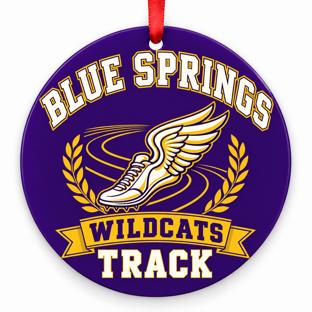 Blue Springs Wildcats track Christmas ornament, Design 1, purple and gold with red ribbon