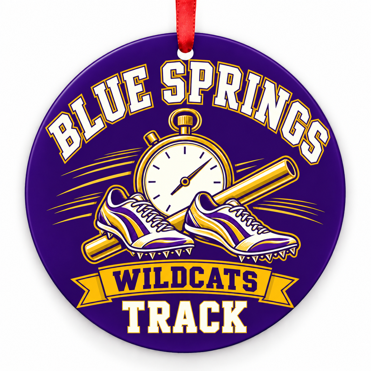 Blue Springs Wildcats track Christmas ornament, Design 2, purple and gold with red ribbon