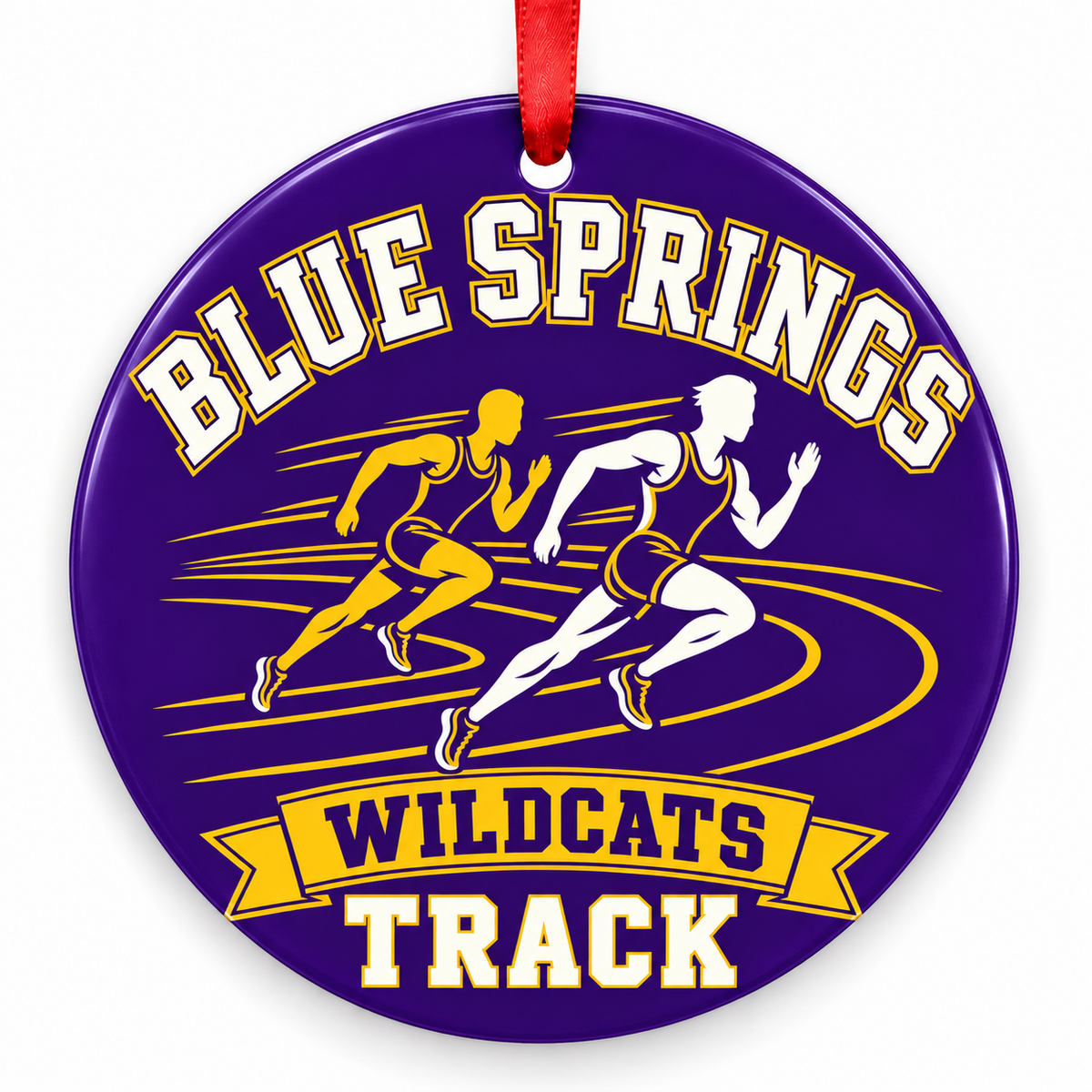Blue Springs Wildcats track Christmas ornament, Design 3, purple and gold with red ribbon