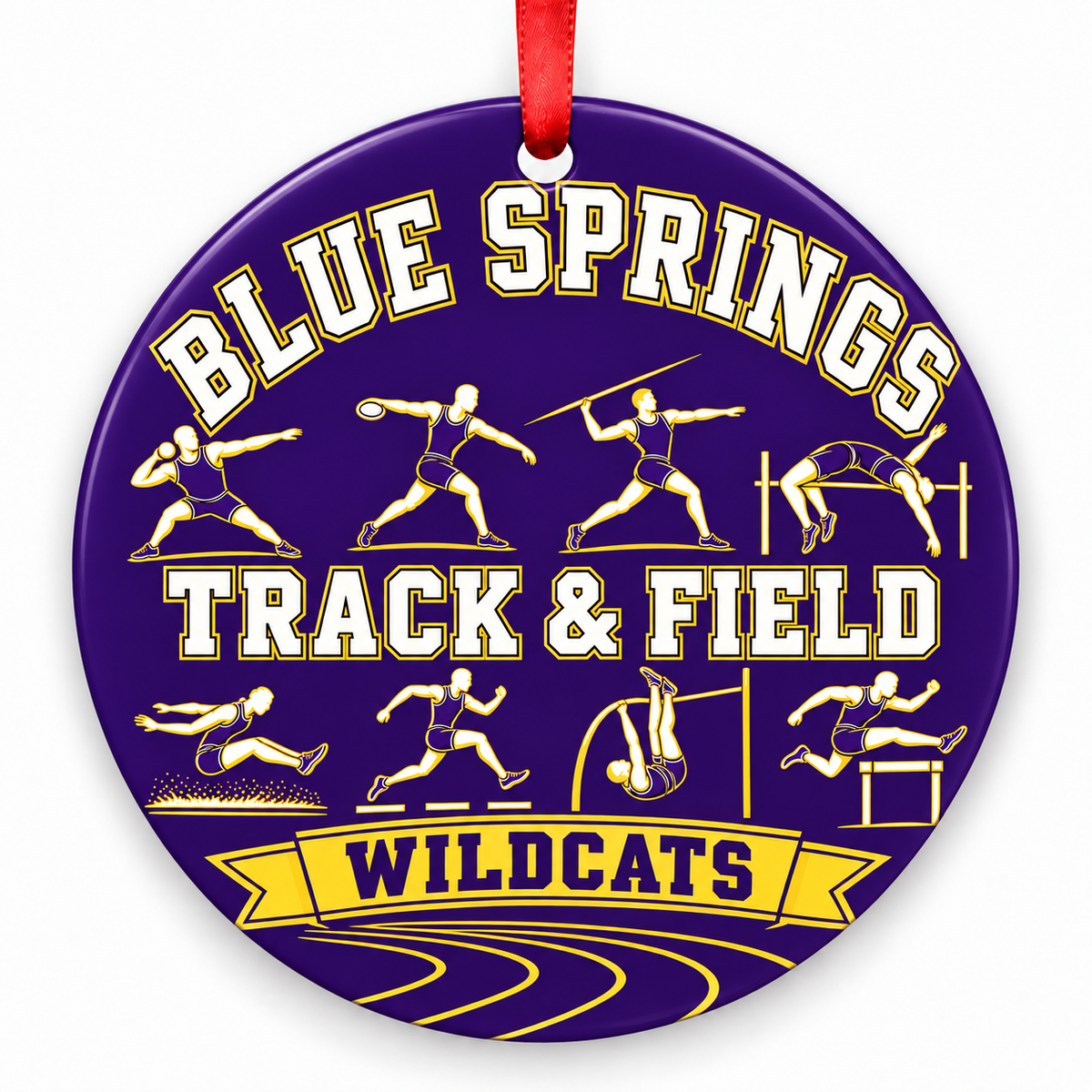 Blue Springs Wildcats track Christmas ornament, Design 4, purple and gold with red ribbon