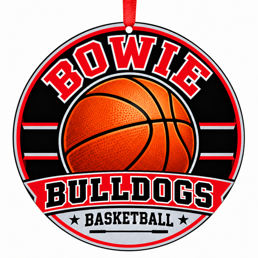 Bowie High School Bulldogs basketball Christmas ornament in red, black, and silver with red ribbon, Austin, Texas