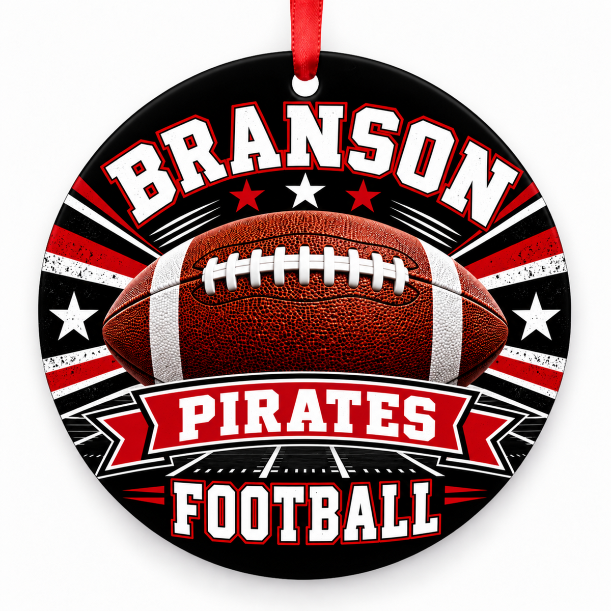 Branson High School Pirates Classic Football Christmas ornament in black, red and white with red ribbon
