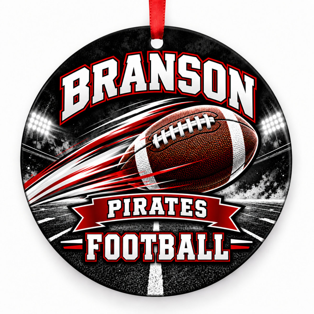 Branson High School Pirates Football in Motion Christmas ornament in black, red and white with red ribbon