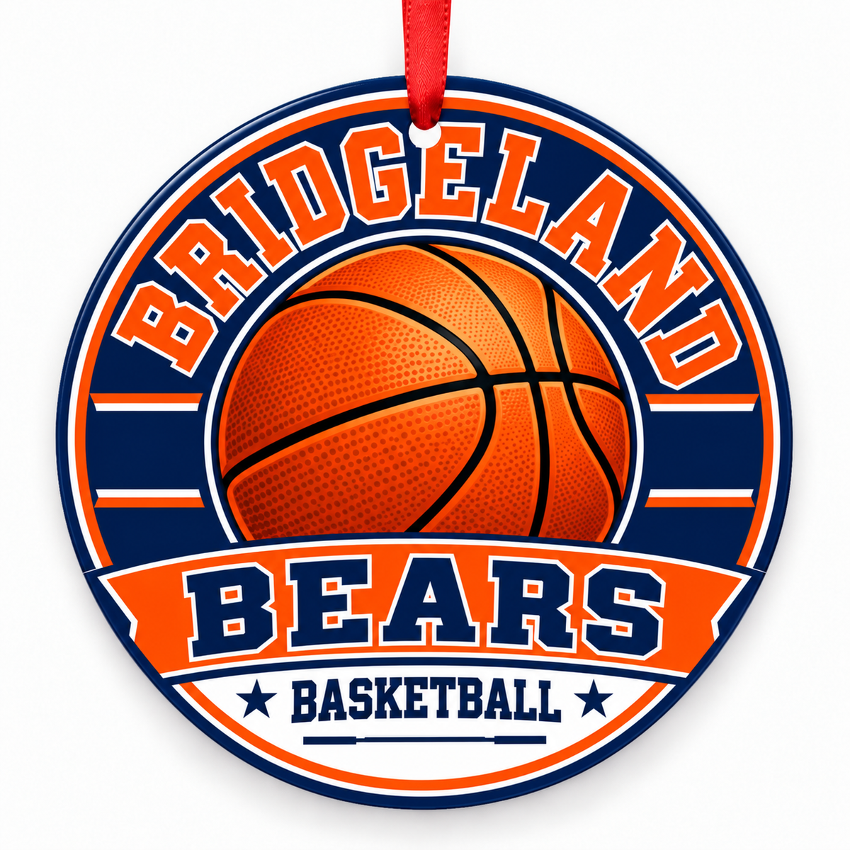 Bridgeland High School Bears basketball Christmas ornament in orange and navy with red ribbon, Cypress, Texas