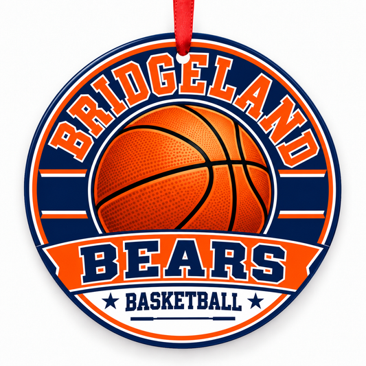 Bridgeland High School Bears basketball Christmas ornament in orange and navy with red ribbon, Cypress, Texas