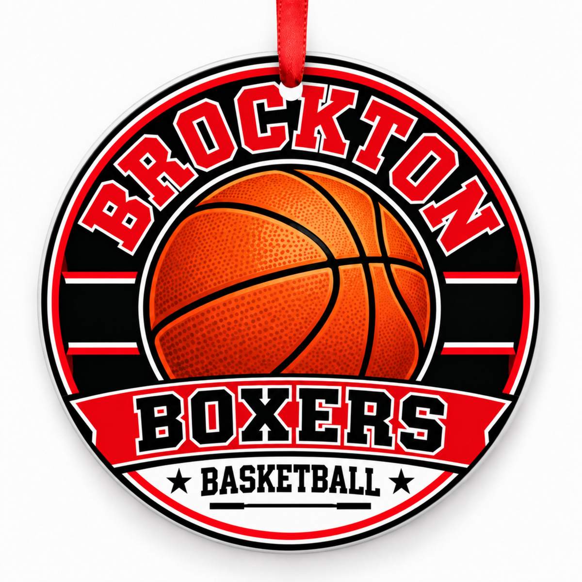 Brockton High School basketball Christmas ornament with Boxers wording in red and black, red ribbon, Brockton, Massachusetts