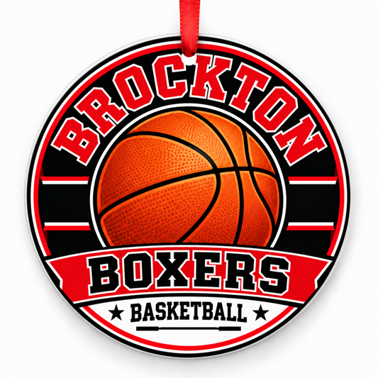 Brockton High School basketball Christmas ornament with Boxers wording in red and black, red ribbon, Brockton, Massachusetts