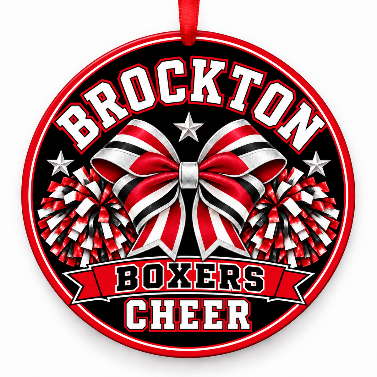 Brockton High School Boxers cheer bow and pom-poms Christmas ornament in red, black, and white with red ribbon