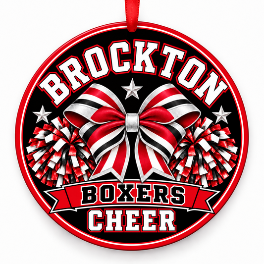 Brockton High School Boxers cheer bow and pom-poms Christmas ornament in red, black, and white with red ribbon