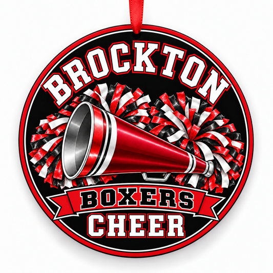 Brockton High School Boxers cheer megaphone and pom-poms Christmas ornament in red, black, and white with red ribbon