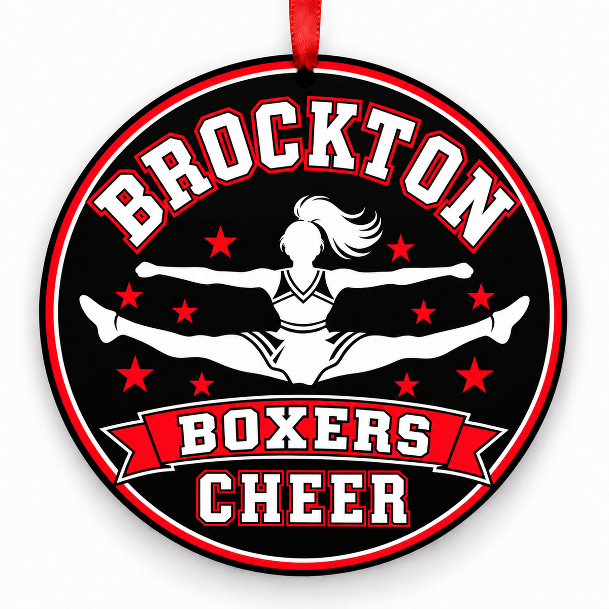 Brockton High School Boxers cheer toe-touch jump Christmas ornament in red, black, and white with red ribbon