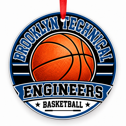 Brooklyn Technical High School Engineers basketball Christmas ornament in blue and white with red ribbon, Brooklyn, New York
