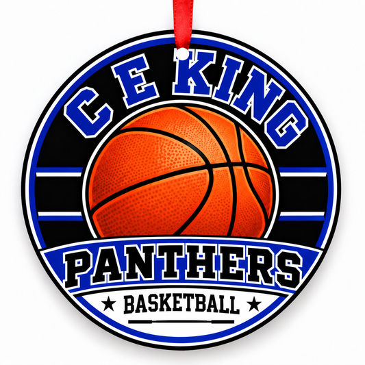 C. E. King High School Panthers basketball Christmas ornament in blue, black and white with red ribbon, Houston, Texas
