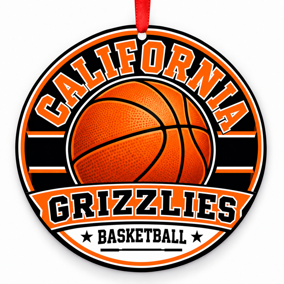 California High School Grizzlies basketball Christmas ornament in orange and black with red ribbon, San Ramon, California