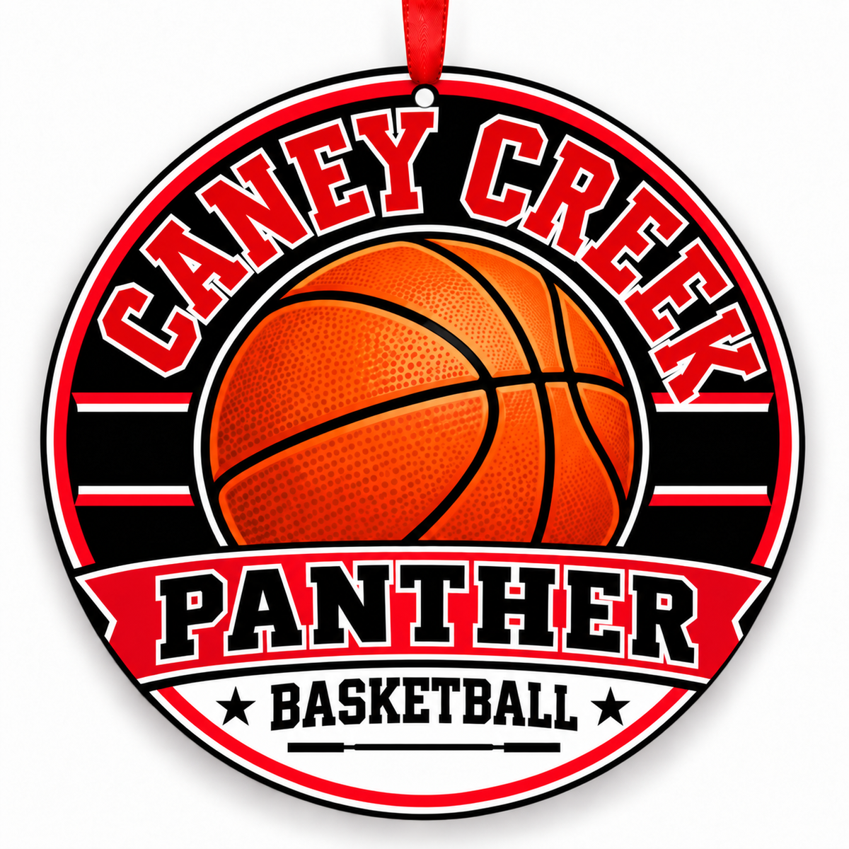 Caney Creek High School Panther basketball Christmas ornament in red and black with red ribbon, Conroe, Texas