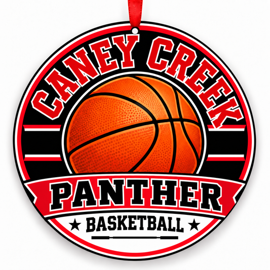 Caney Creek High School Panther basketball Christmas ornament in red and black with red ribbon, Conroe, Texas