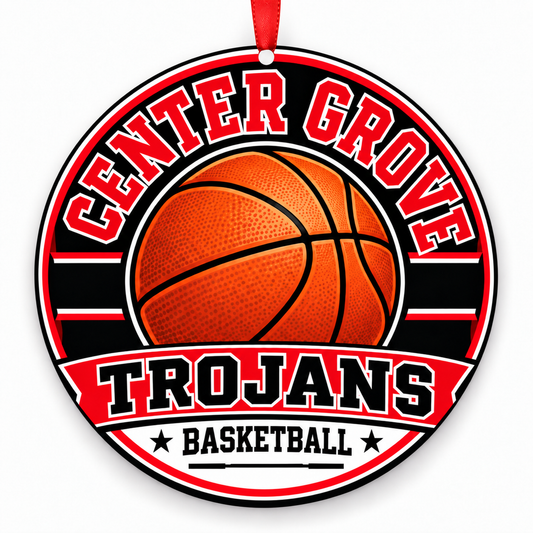 Center Grove High School Trojans basketball Christmas ornament in red, white with red ribbon, Greenwood, Indiana