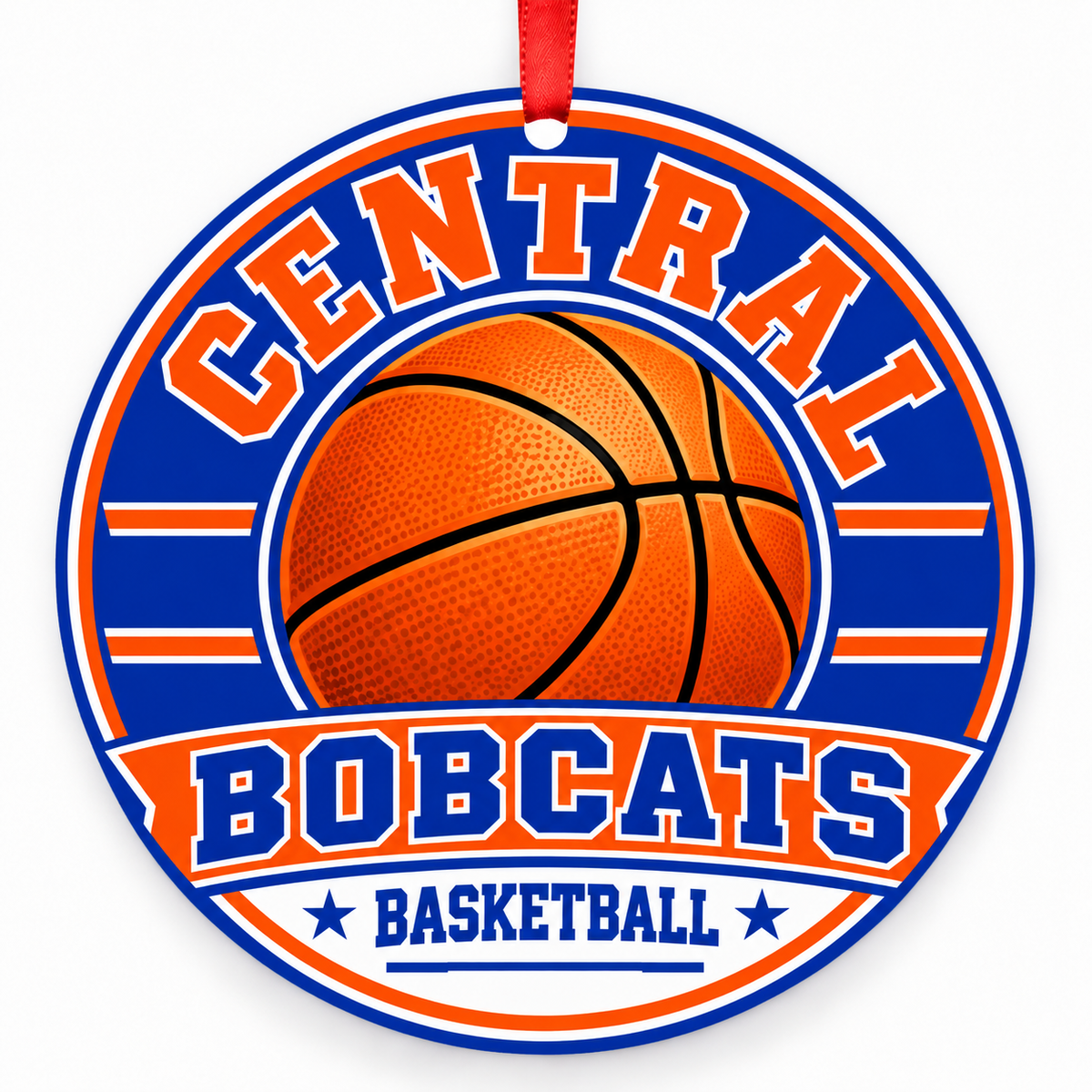 Central High School Bobcats basketball Christmas ornament in orange and blue with red ribbon, San Angelo, Texas
