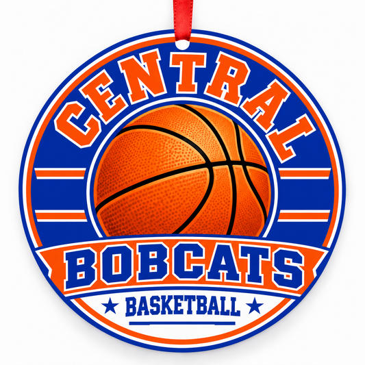 Central High School Bobcats basketball Christmas ornament in orange and blue with red ribbon, San Angelo, Texas