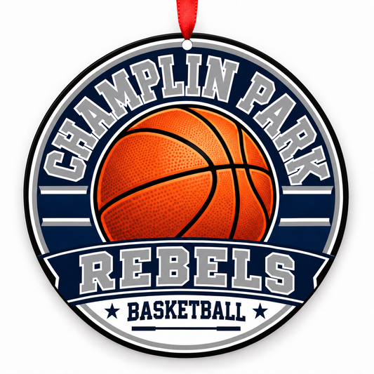 Champlin Park High School Rebels basketball Christmas ornament in navy, silver and white with red ribbon, Champlin, Minnesota
