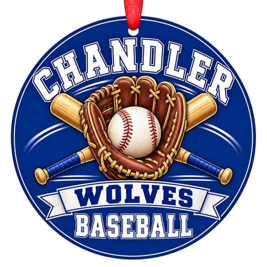 Chandler Wolves baseball Christmas ornament, Glove and Bats design, Chandler, Arizona