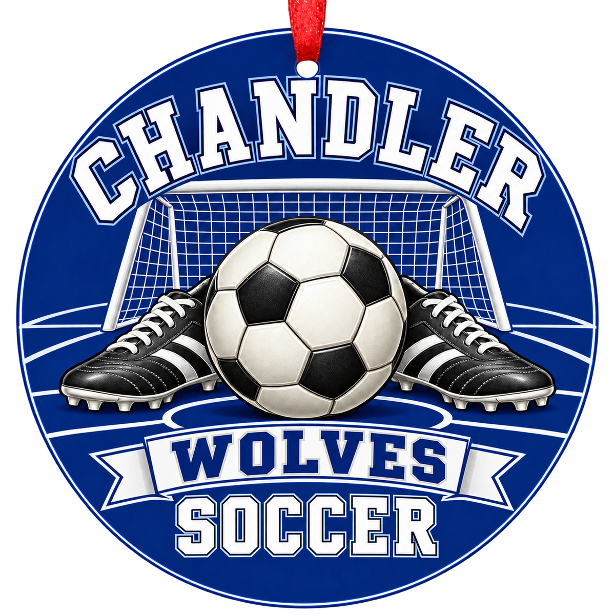 Chandler Wolves soccer Christmas ornament, Goal and Cleats design, Chandler, Arizona