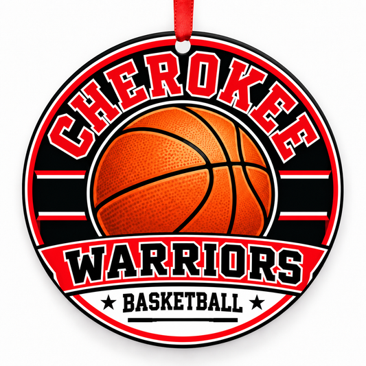 Cherokee High School Warriors basketball Christmas ornament in red, white with red ribbon, Canton, Georgia