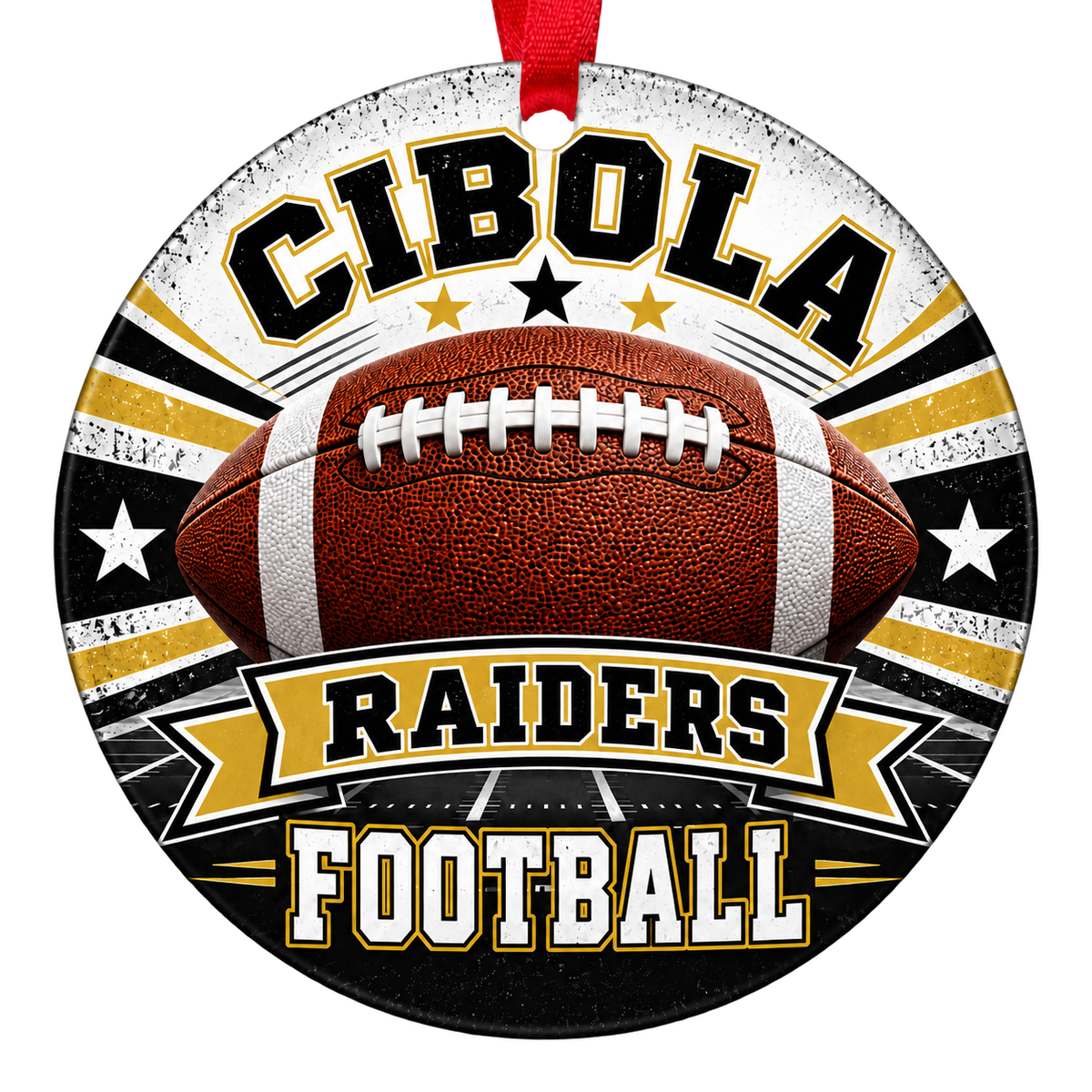 Cibola High School Raiders football Christmas ornament in black and Vegas gold, Yuma, Arizona