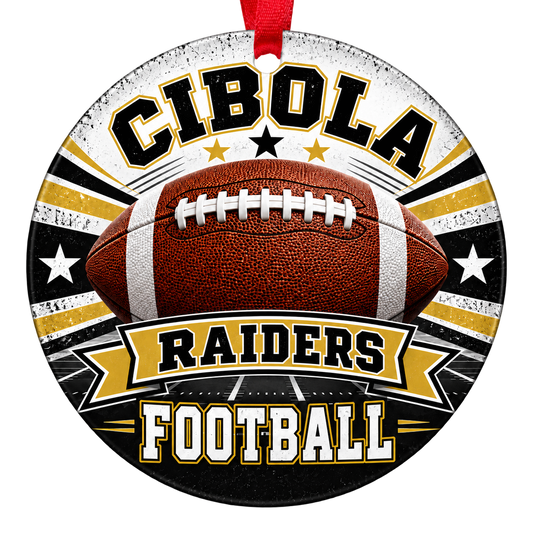 Cibola High School Raiders football Christmas ornament in black and Vegas gold, Yuma, Arizona