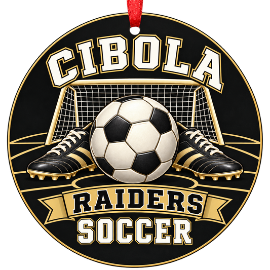 Cibola Raiders soccer Christmas ornament, Goal and Cleats design, Yuma, Arizona