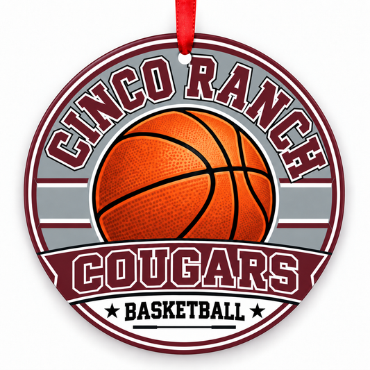Cinco Ranch High School Cougars basketball Christmas ornament in maroon, white and gray with red ribbon, Katy, Texas