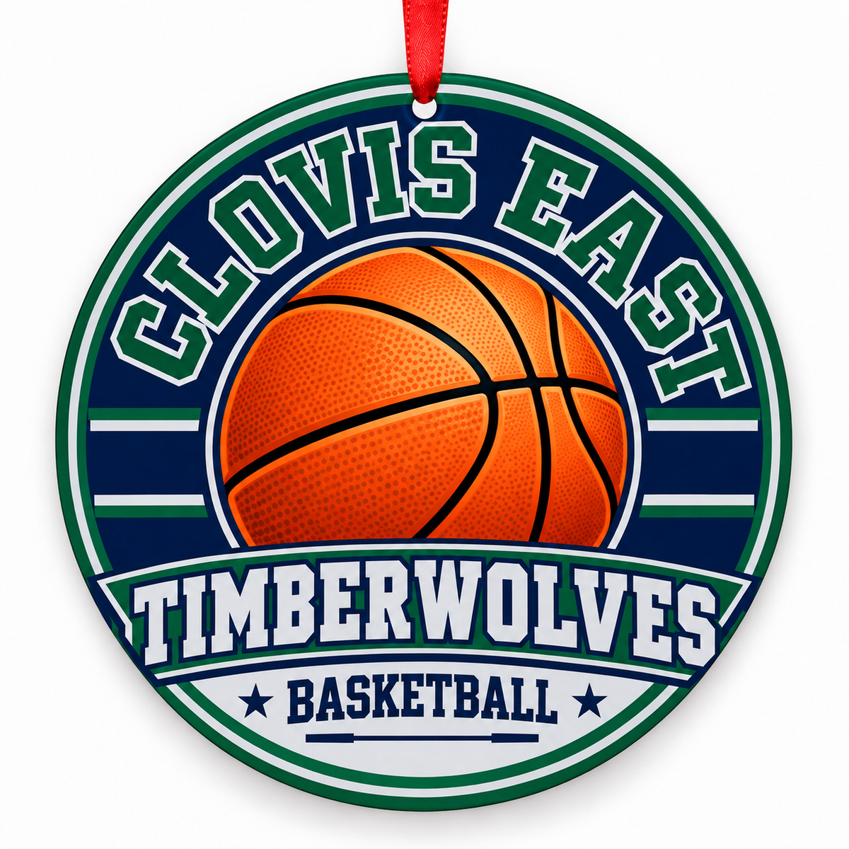 Clovis East High School Timberwolves basketball Christmas ornament in hunter green, navy blue and silver with red ribbon, Clovis, California