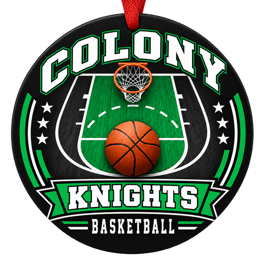 Colony Knights basketball court design Christmas ornament in kelly green, black and white for Colony High School, Palmer, Alaska