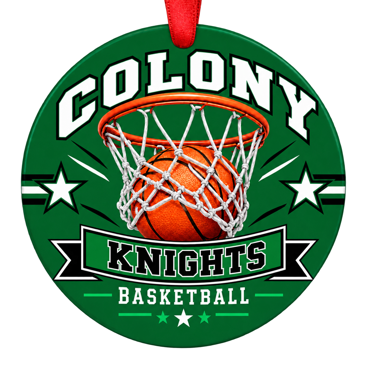 Colony Knights basketball hoop design Christmas ornament in kelly green, black and white for Colony High School, Palmer, Alaska