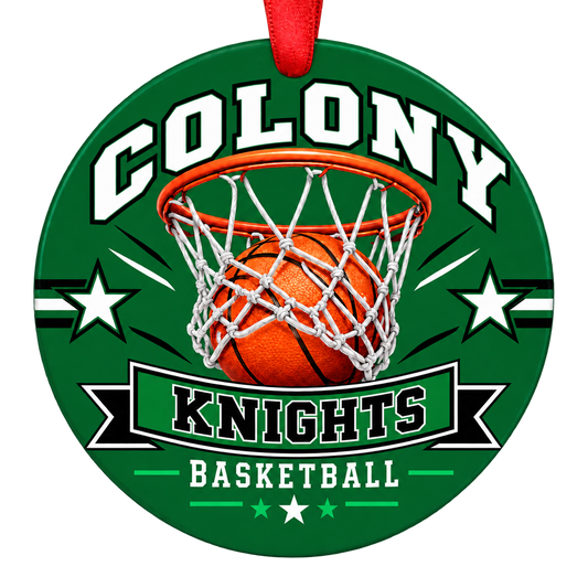 Colony Knights basketball hoop design Christmas ornament in kelly green, black and white for Colony High School, Palmer, Alaska