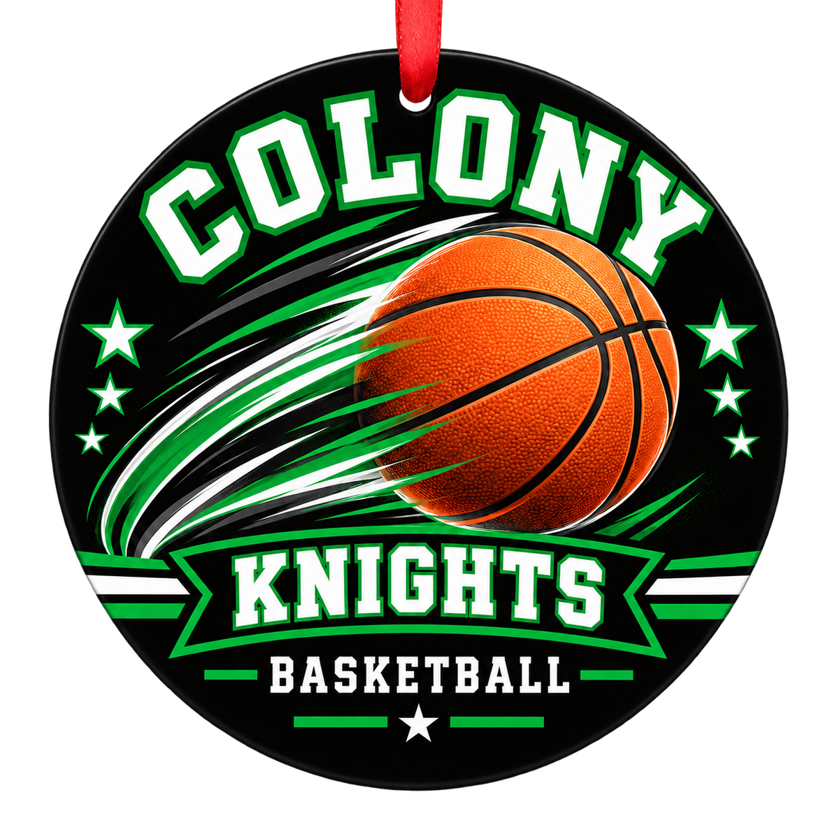Colony Knights basketball motion design Christmas ornament in kelly green, black and white for Colony High School, Palmer, Alaska