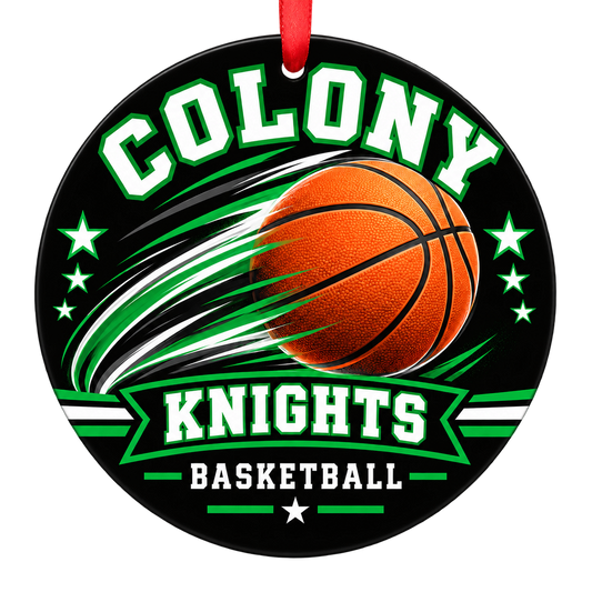 Colony Knights basketball motion design Christmas ornament in kelly green, black and white for Colony High School, Palmer, Alaska