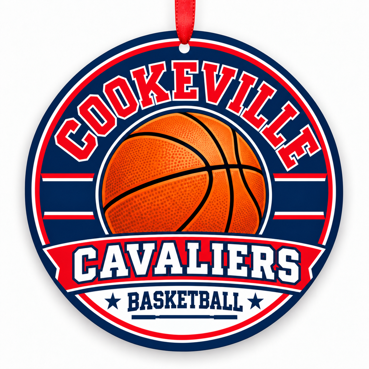 Cookeville High School Cavaliers basketball ornament in scarlet; blue; white with a red ribbon, Cookeville TN