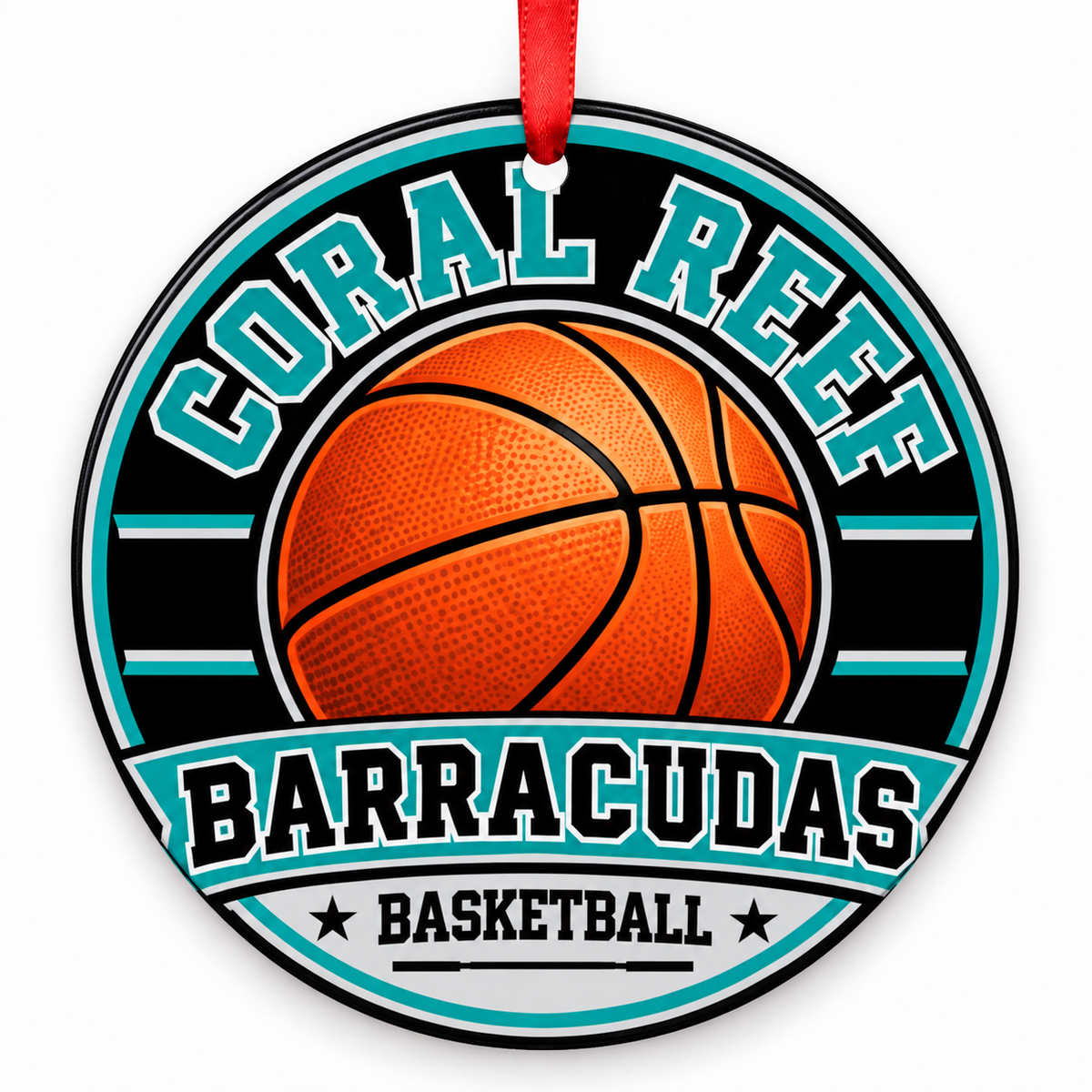 Coral Reef Senior High School Barracudas basketball Christmas ornament in teal, grey and black with red ribbon, Miami, FL