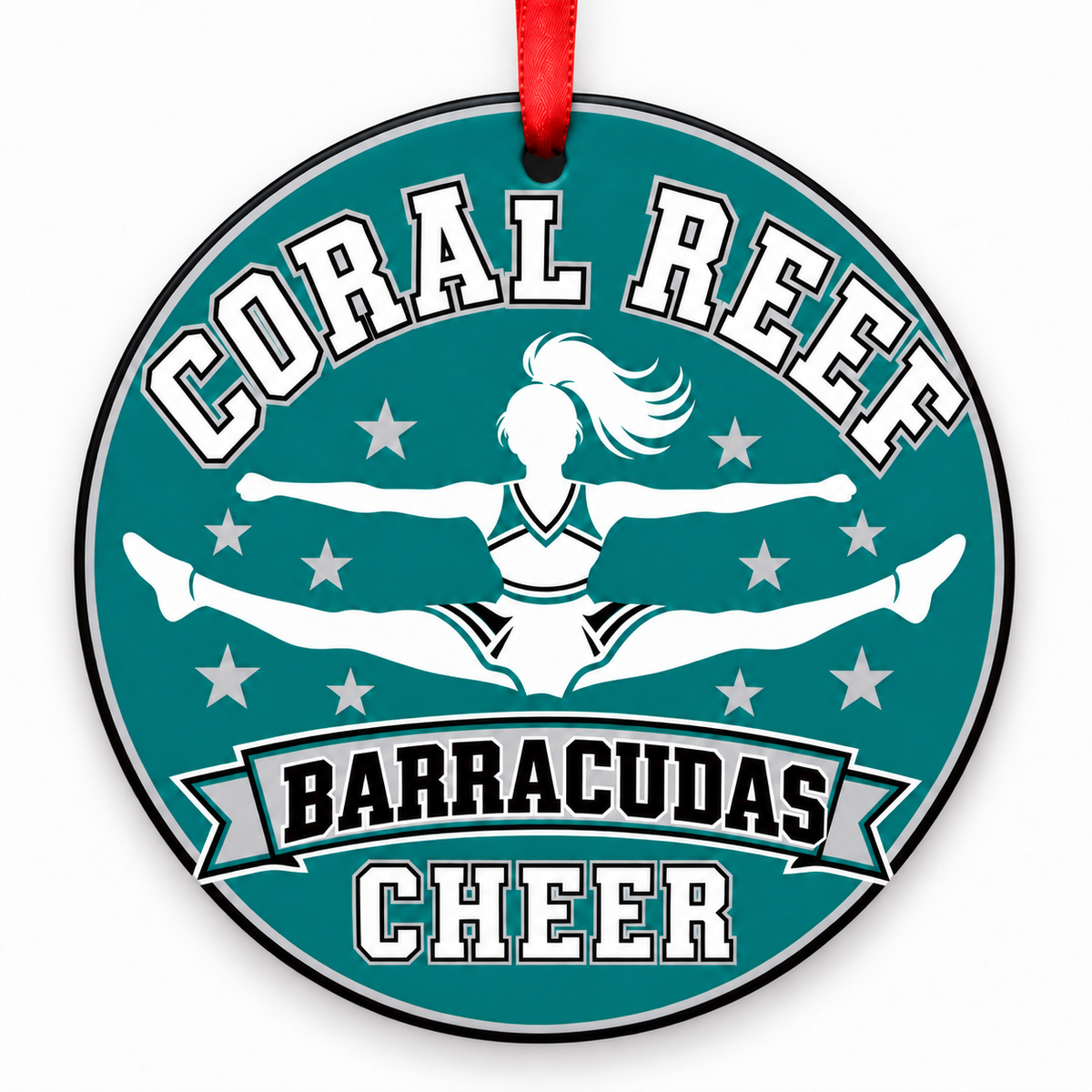 Coral Reef Senior High School Barracudas cheer ornament – Toe-Touch Jump