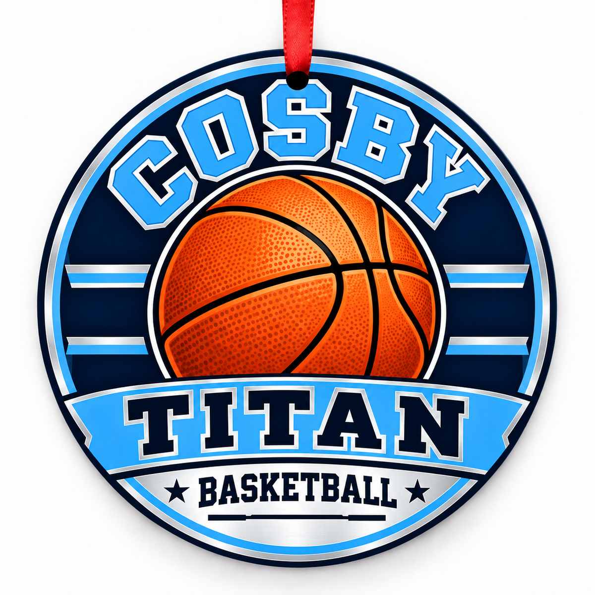 Cosby High Titans basketball ornament in light blue and silver with a red ribbon, Midlothian Virginia