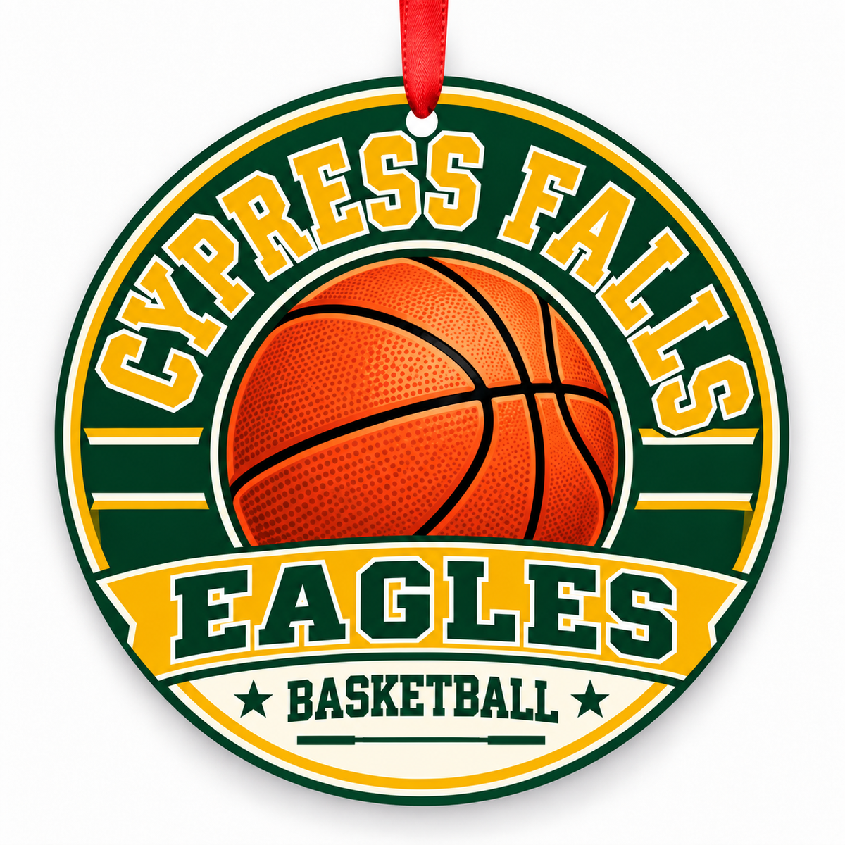 Cypress Falls High School Eagles basketball Christmas ornament in green and gold with red ribbon, Houston, Texas