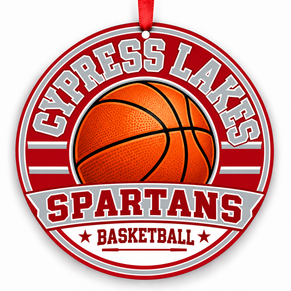 Cypress Lakes High School Spartans basketball Christmas ornament in red and silver with red ribbon, Katy, Texas