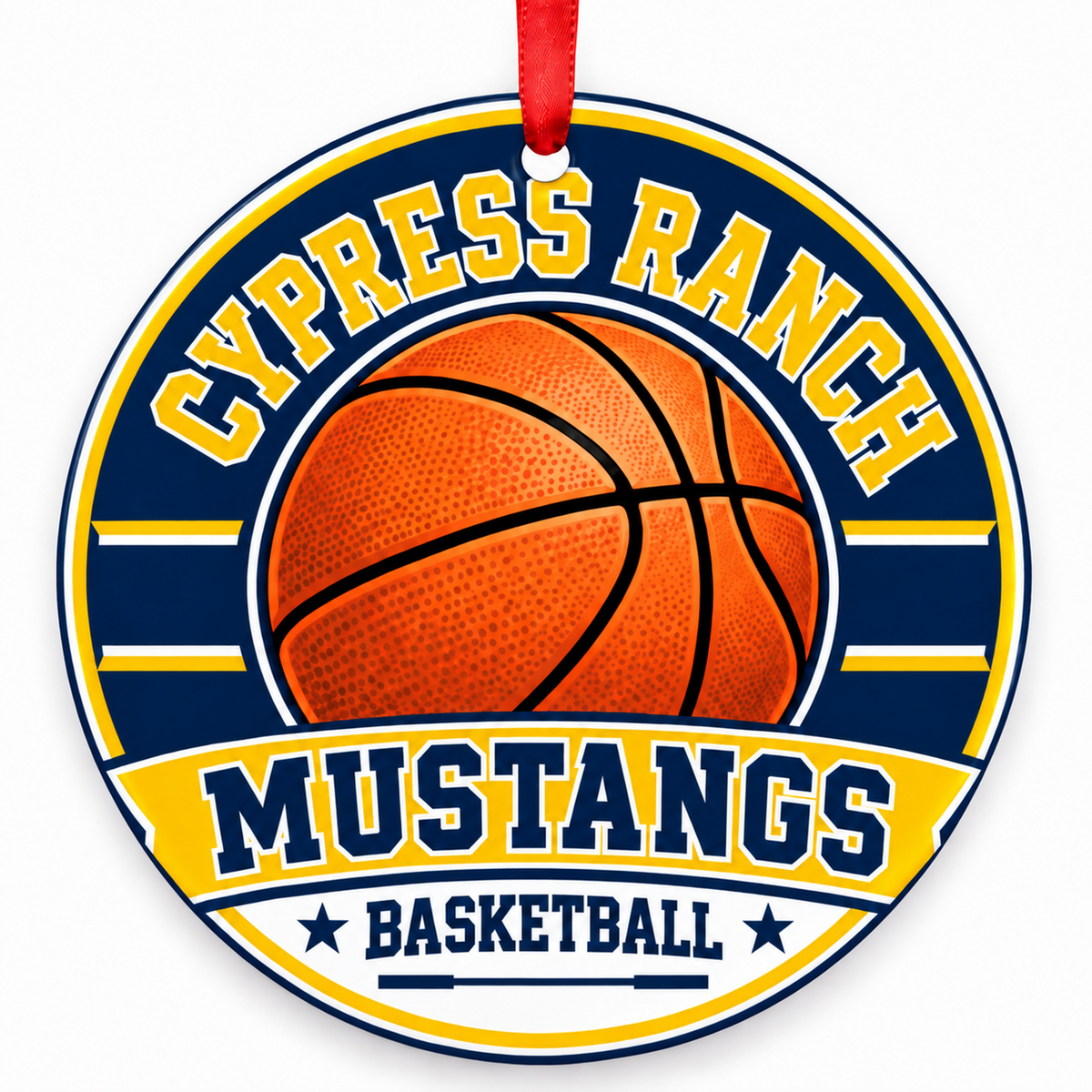 Cypress Ranch High School Mustangs basketball Christmas ornament in navy and gold with a red ribbon, Cypress, Texas