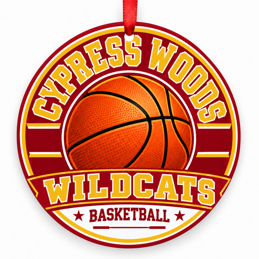 Cypress Woods High School Wildcats basketball Christmas ornament in crimson red and gold with red ribbon, Cypress, Texas
