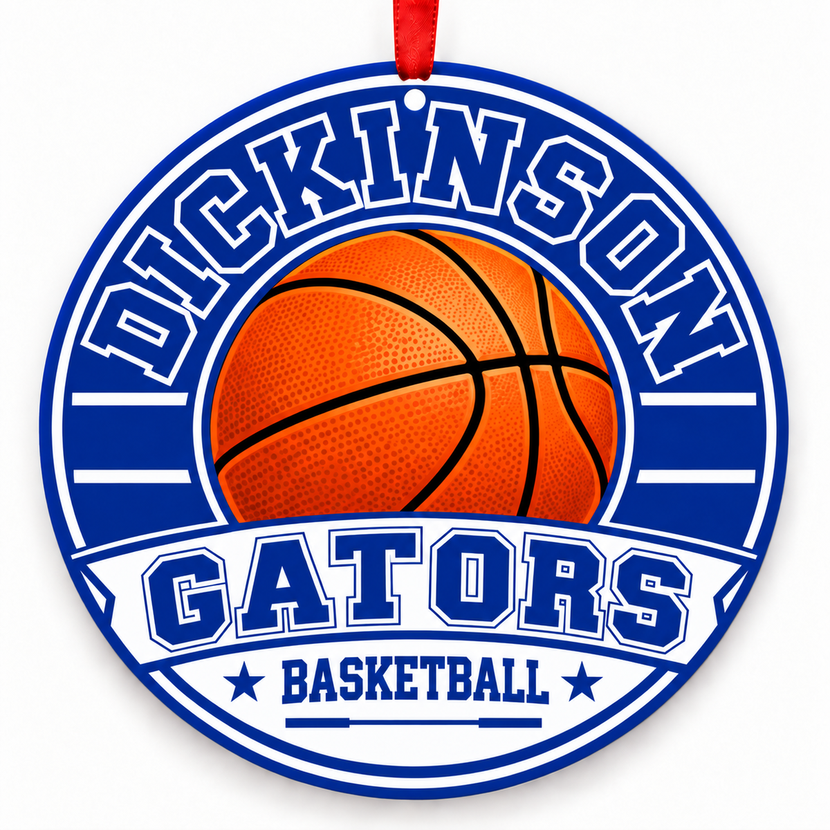 Dickinson High School Gators basketball Christmas ornament in blue and white with red ribbon, Dickinson, Texas