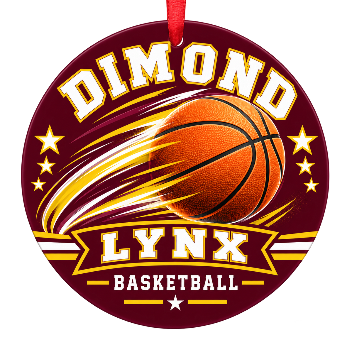 Dimond Lynx basketball motion design Christmas ornament in maroon and gold for Dimond High School, Anchorage, Alaska