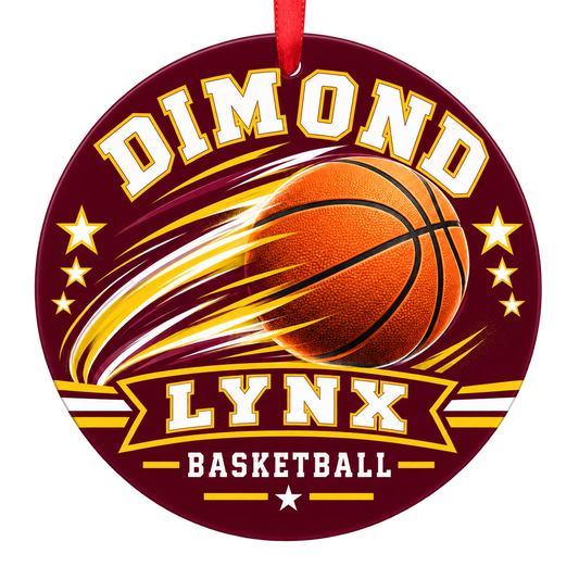 Dimond Lynx basketball motion design Christmas ornament in maroon and gold for Dimond High School, Anchorage, Alaska