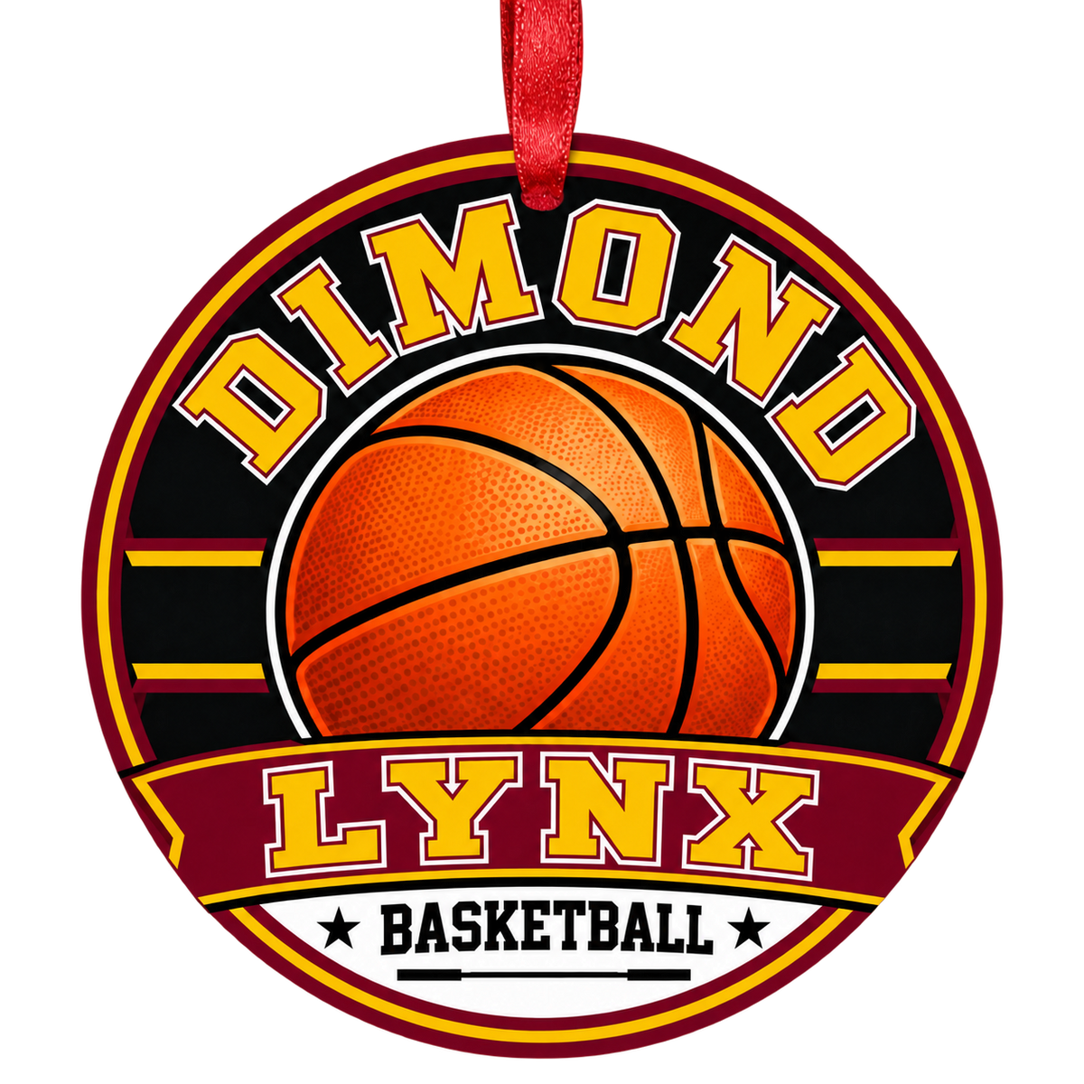 Dimond High School Lynx basketball ornament in maroon and gold with red ribbon through a plain hanging hole